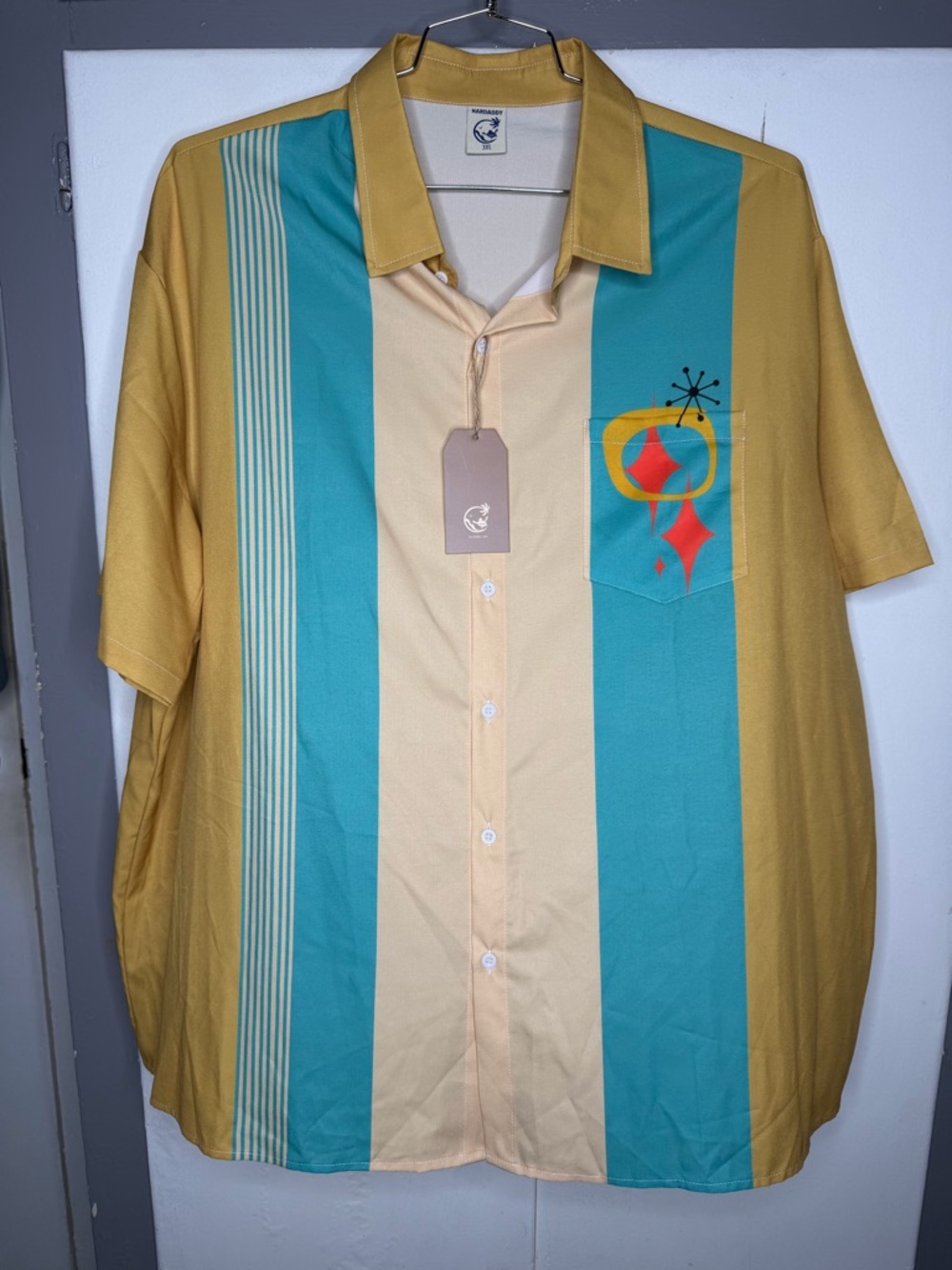 Hardaddy Men 3XL Yellow Polyester Stretch Retro Short Sleeve Button-Up Shirt NWT